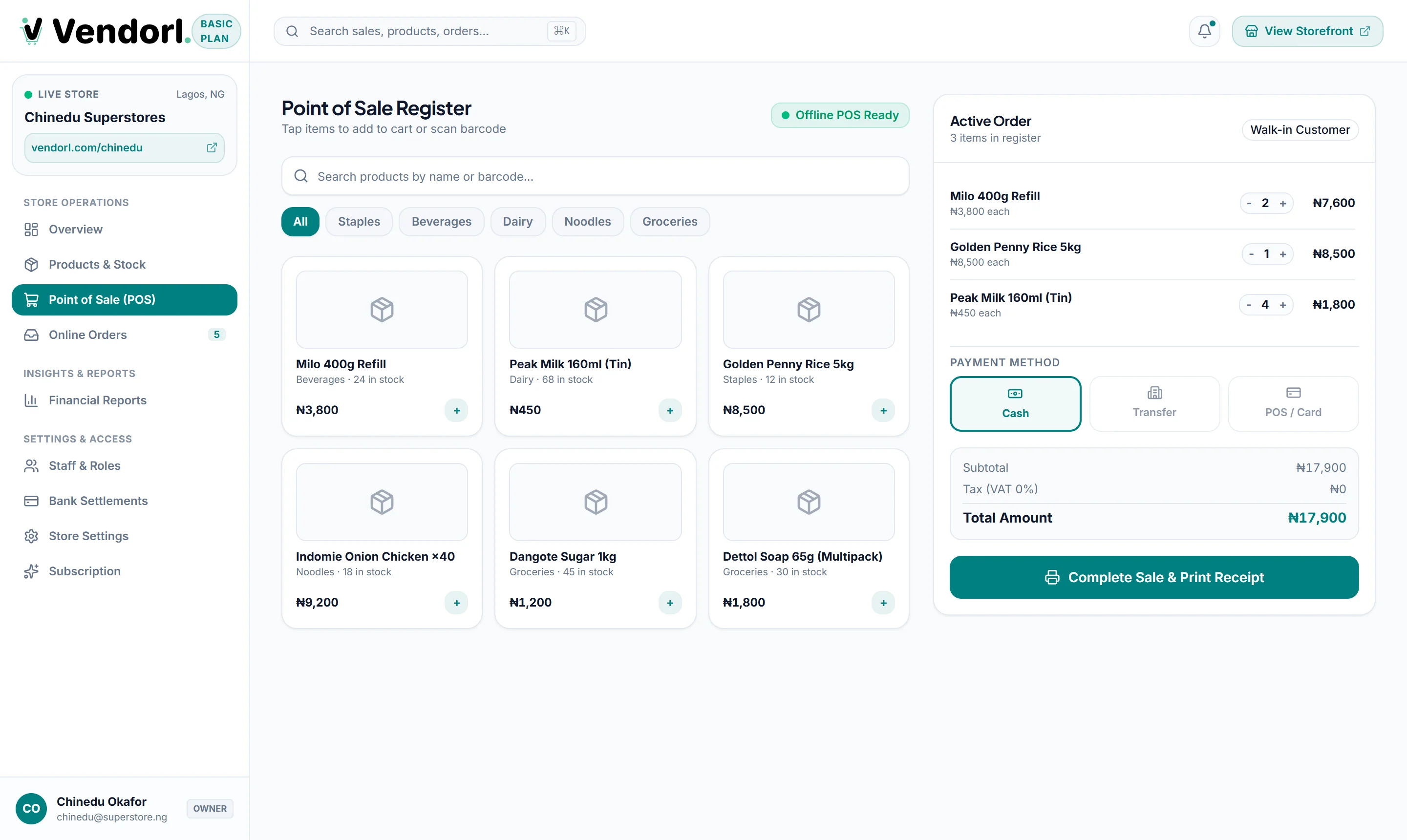 Vendorl POS interface with product grid and checkout cart